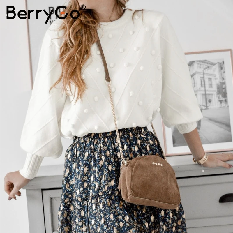 BerryGo Элегант вязаный помпон женский свитер джемпер Элегантный меховой O-образным