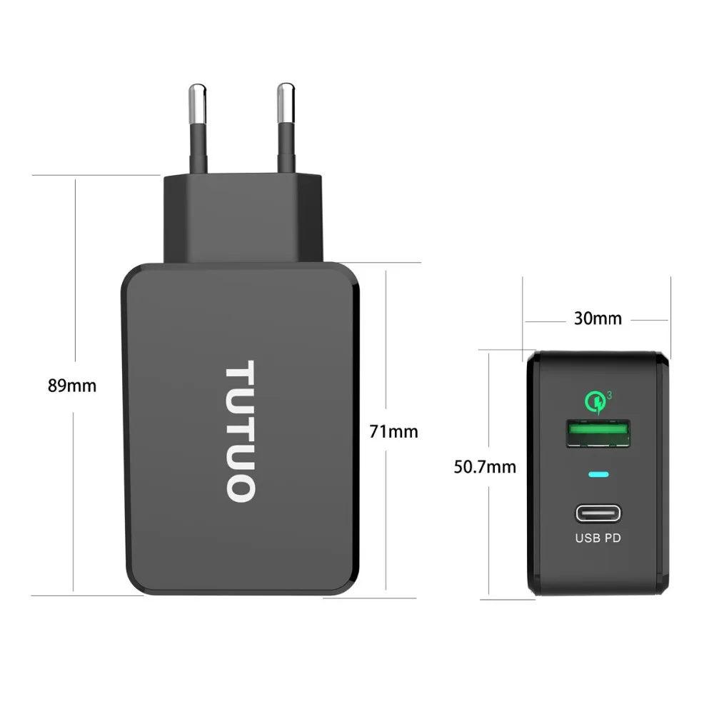 TUTUO USB C PD стены Зарядное устройство(Мощность доставки) Тип C+ Quick Charge 3,0 Быстрая зарядка Мощность адаптер для iPhone 8/X/8 Plus Galaxy S8 S9 плюс