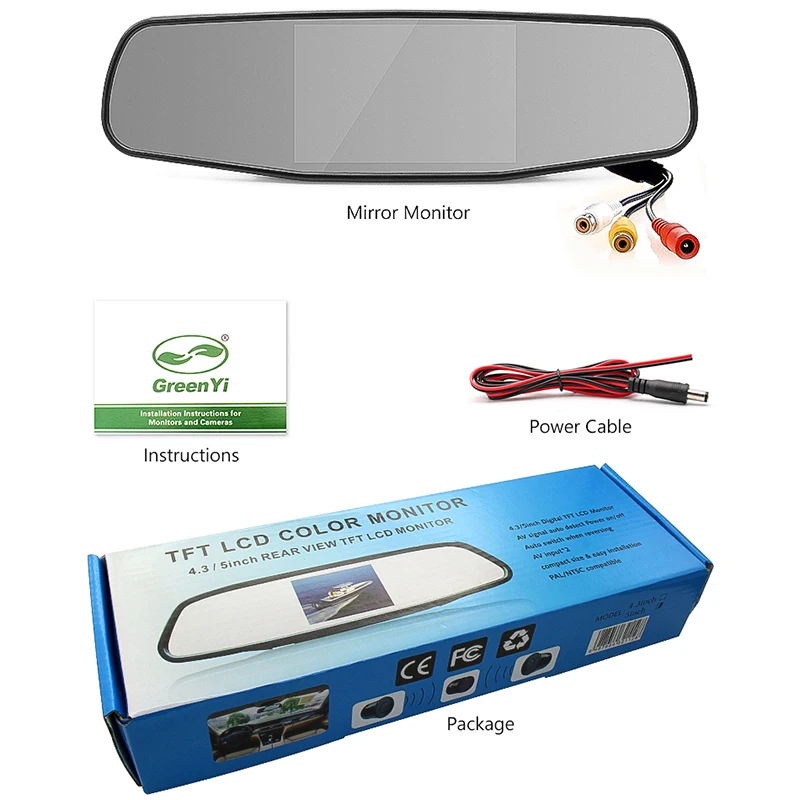 GreenYi HD Mirror Monitor 800*480 High Resolution TFT LCD Rear View Screen Display for Backup Camera Two Video Inputs | Автомобили и