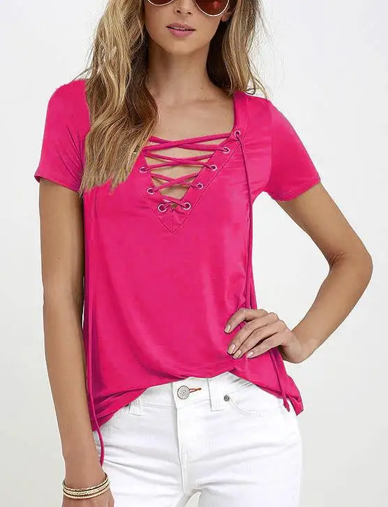 Для женщин летние Повседневное одноцветные футболки v-образным вырезом бинты