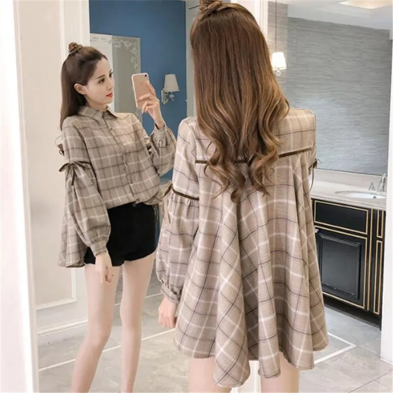 

Korea Fashion Autumn Womens Tops and Blouses 2018 New Spring Women's Shirt Female Grid Loose Tops A0316