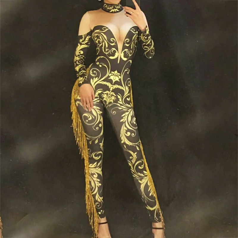 Новые джазовые танцевальные костюмы с длинным рукавом принтом Комбинезон