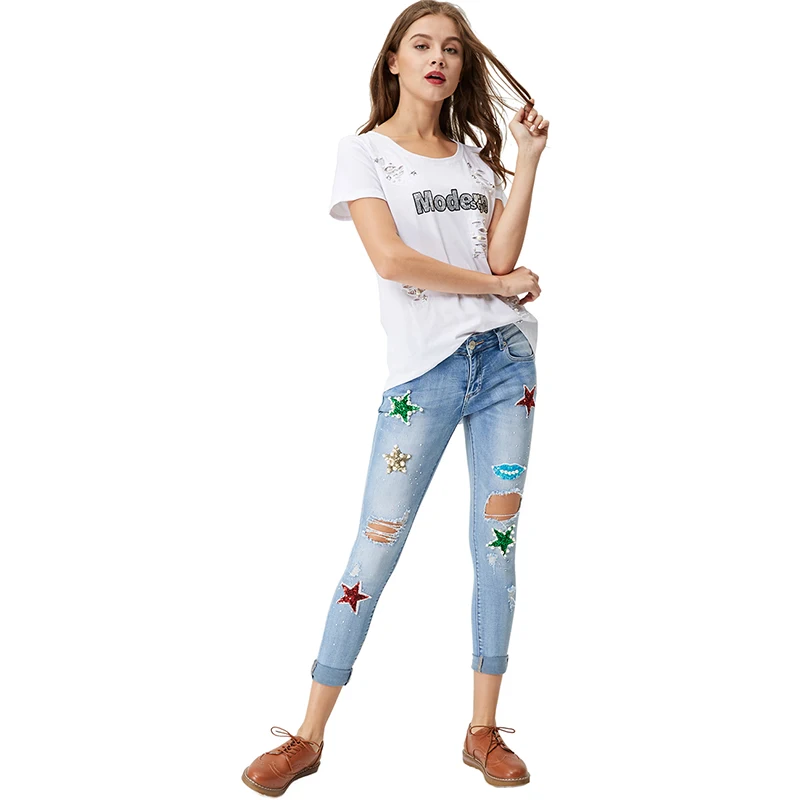 Женские джинсы 2018 узкие модные рваные женские с дырками вышитые цветные