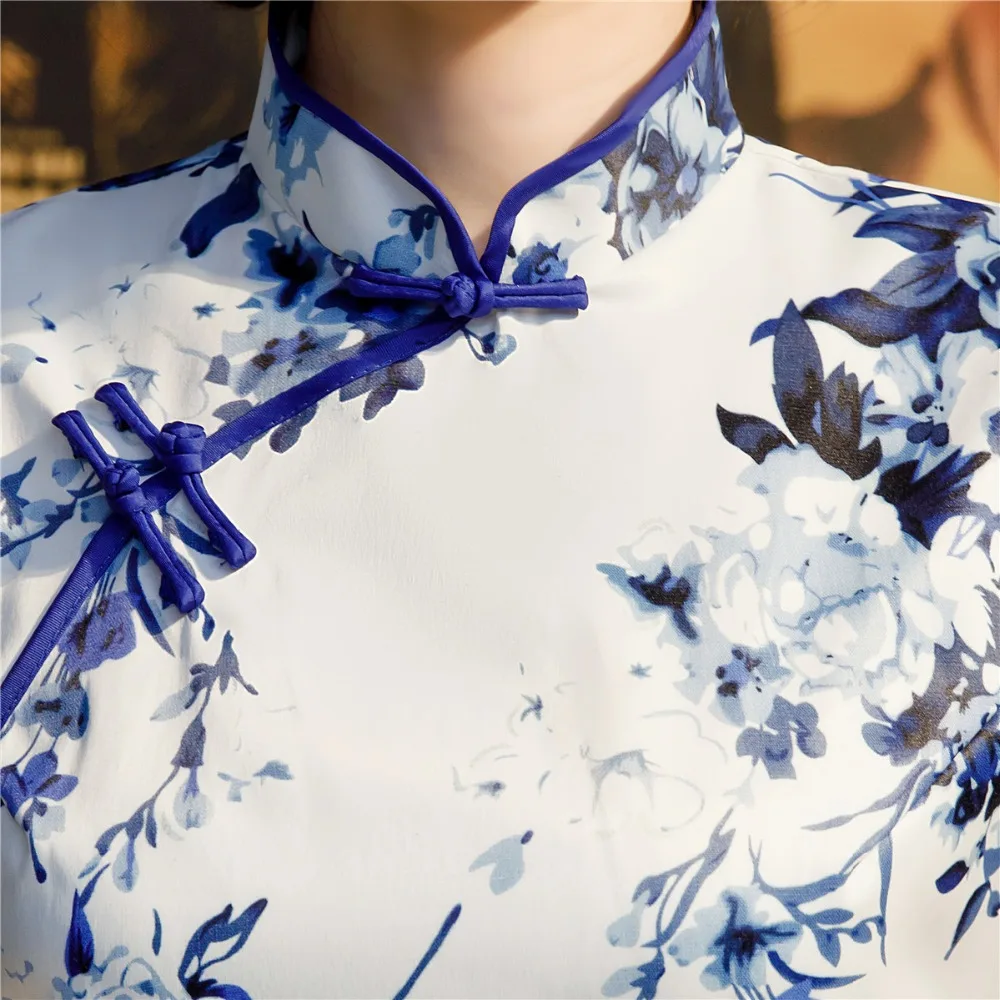 Шанхай история смесь из хлопка короткий рукав цветочный принт Qipao разделение