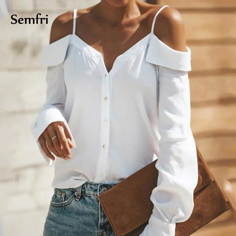 Sempi Женская Туника белая рубашка с открытыми плечами длинным рукавом Осенние