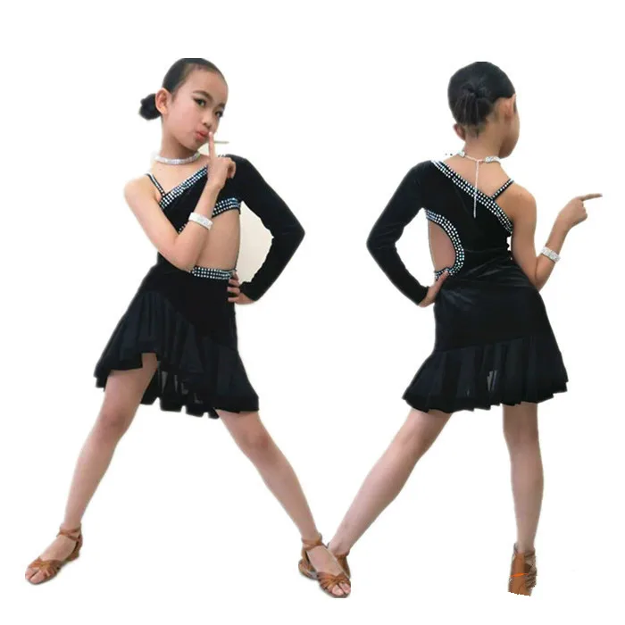 

Shiny Rhinestone Girl Latin Dresses Elegant Black Ballroom Dancing Skirt Latin Dance Dress For Girls Competition Costumes