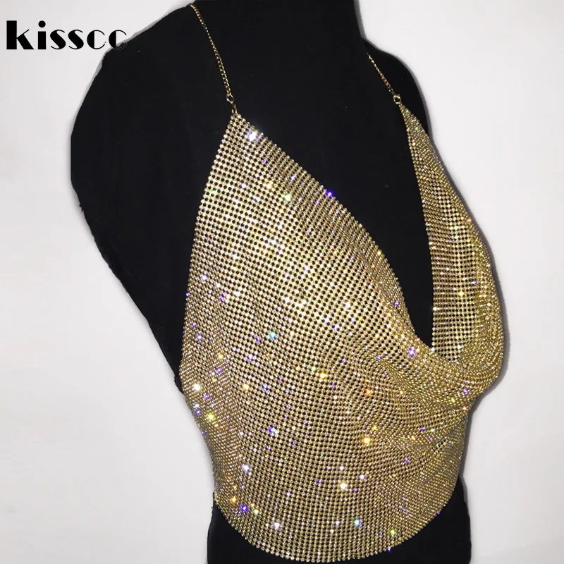 Сексуальная Холтер сияющий горный хрусталь укороченный топ Party Bralette V шеи Низкий вырез Топик с низким вырезом на спине выдалбливают Camis короткие майки золото серебро