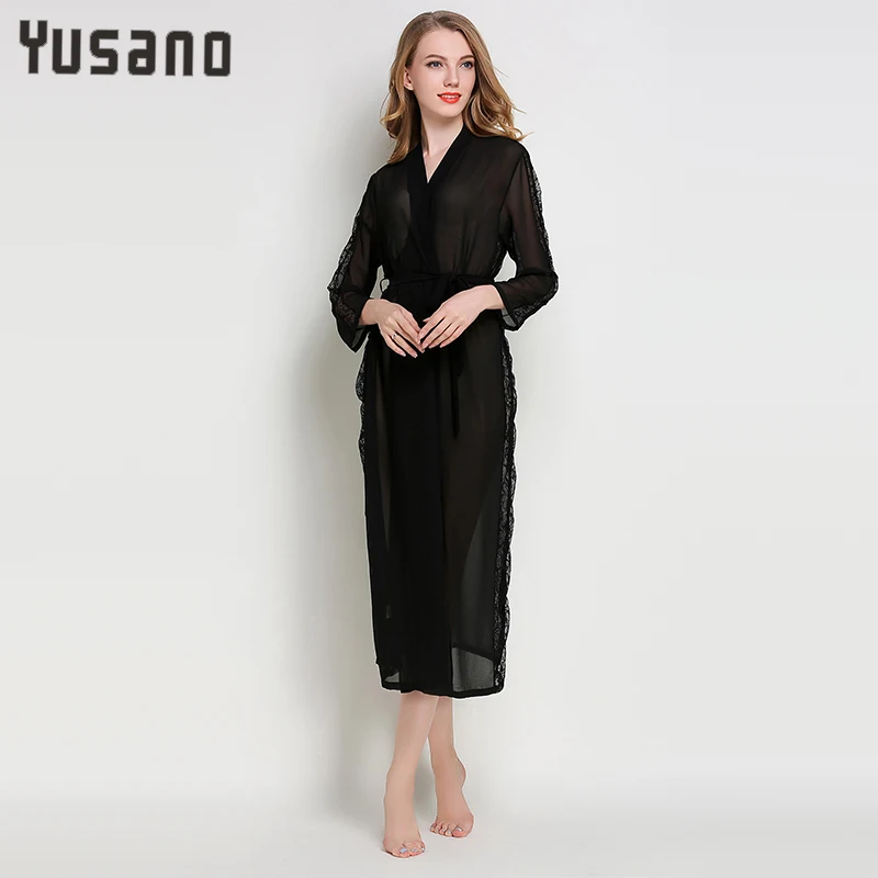 Женский прозрачный халат сексуальное шелковое белье с длинными рукавами ночная