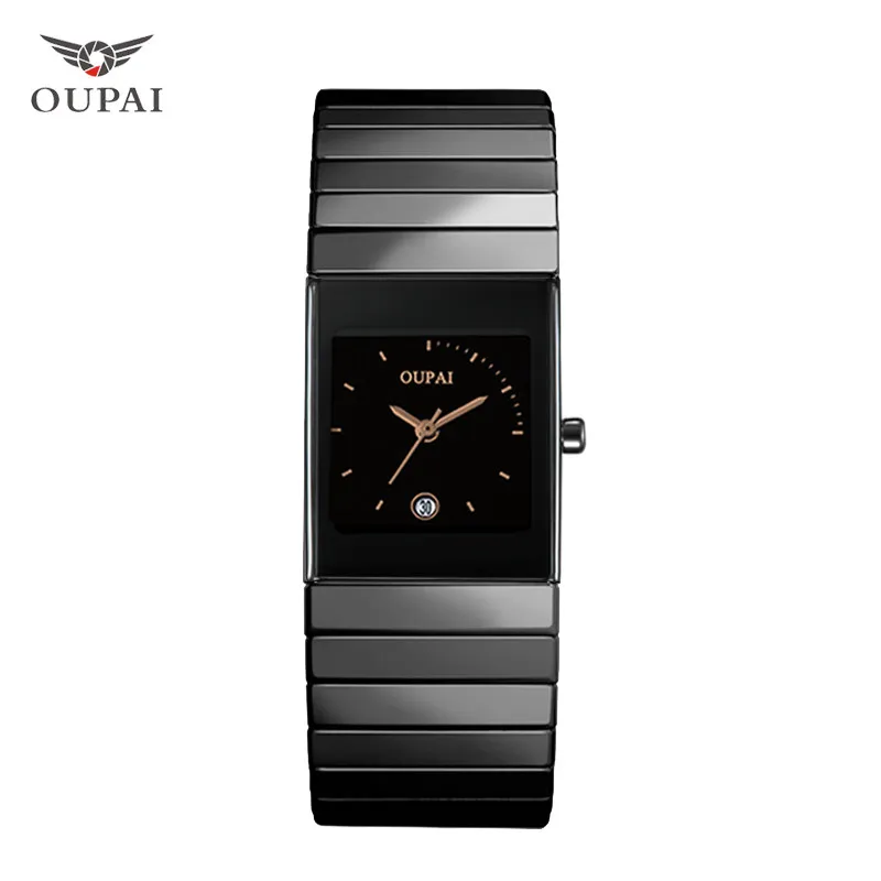 Golden Fan 80030 OUPAI Классические черные керамические квадратные часы мужские Кварцевые водонепроницаемые деловые мужские часы керамические прямоугольные часы - Цвет: Golden Fan 80030