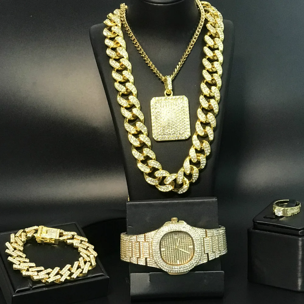 

Luxury Men Gold Color Watch & Necklace & Bracelet & Ring Combo Set Ice Out Cuban Watch In Crystal Rapper Hip Hop Jewerly For Men
