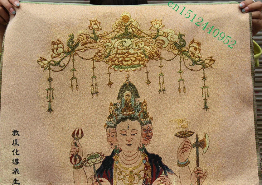 36 дюймов китайская шелковая вышивка 3 головы 10 рук Kwan-yin Guan Yin картины тхангка росписи