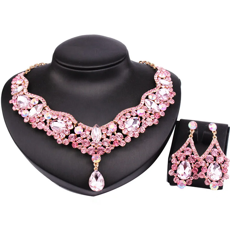 Pink Модные ювелирные изделия, изысканные кристаллы, стразы, капли воды, ожерелье и серьги для женщин, свадебные ювелирные наборы - Окраска металла: Pink