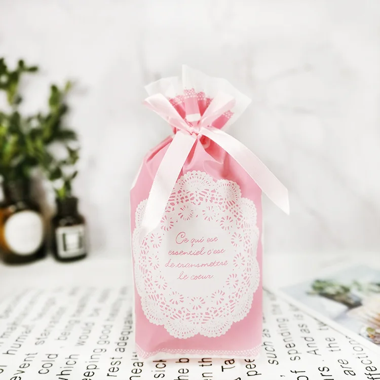 Pink Lace LBSISI Life 10 шт. пластиковый мешок на шнурке с лентой для печенья, закусок, конфет, сумки для дня рождения, свадебного декора, подарочные пакеты - Цвет: Pink Lace