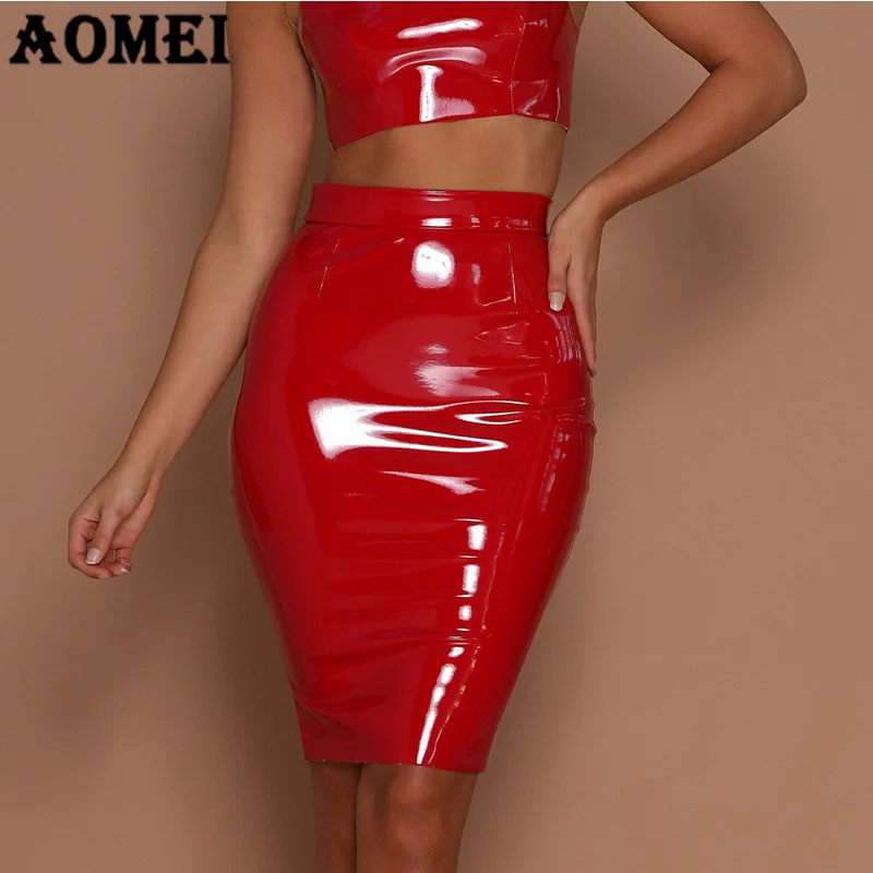 Red Bodycon Sexy PU Leather Skirts Autumn Winter Punk High Street Stylish Black Red with Zipper PVC Package Hip Skirts Streetwear - Color: Red