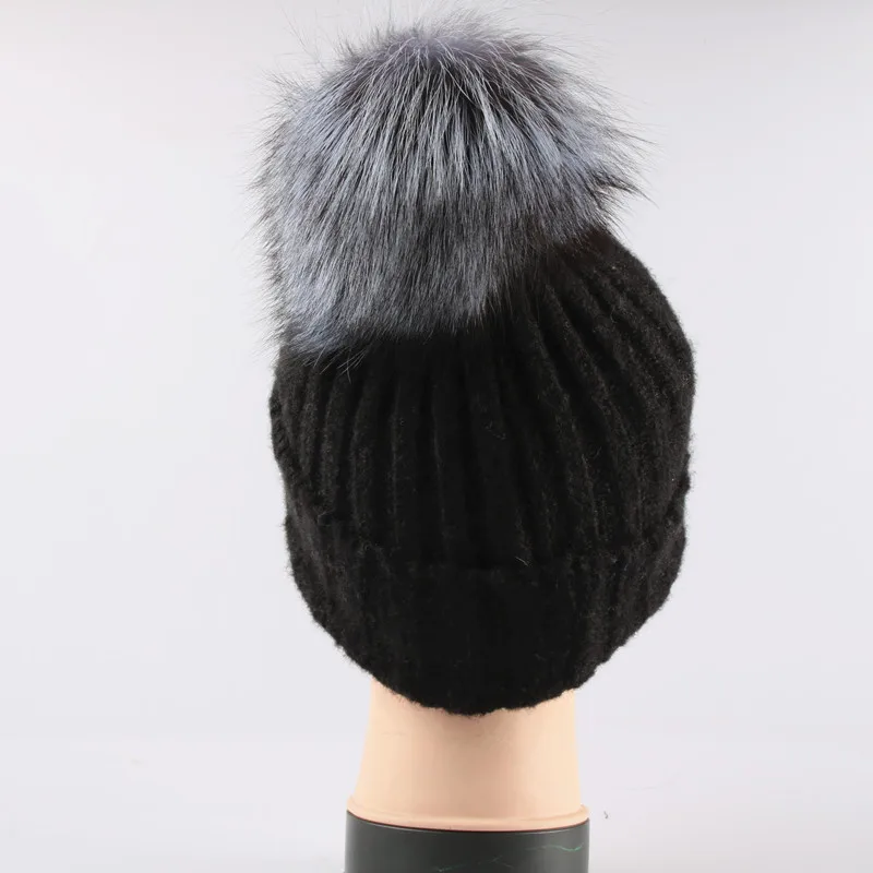 Женская вязаная шапка с помпоном из меха норки и лисьего зимняя | Аксессуары для