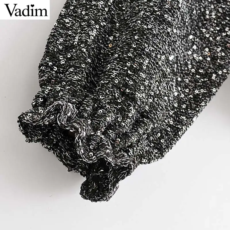 Vadim women loose sequined knitted sweaters see through pleated lantern sleeve stretchy pullovers female casual solid tops HA380 | Женская
