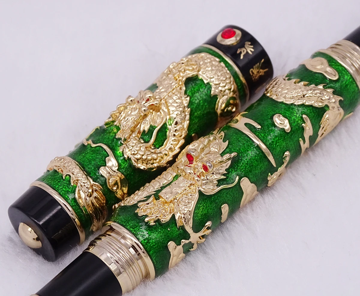 Роскошная ручная работа Jinhao, зеленая перегородчатая авторучка с двойным драконом, авторучка, изогнутое перо, передовая авторучка, подарочная ручка для бизнес-выпускника