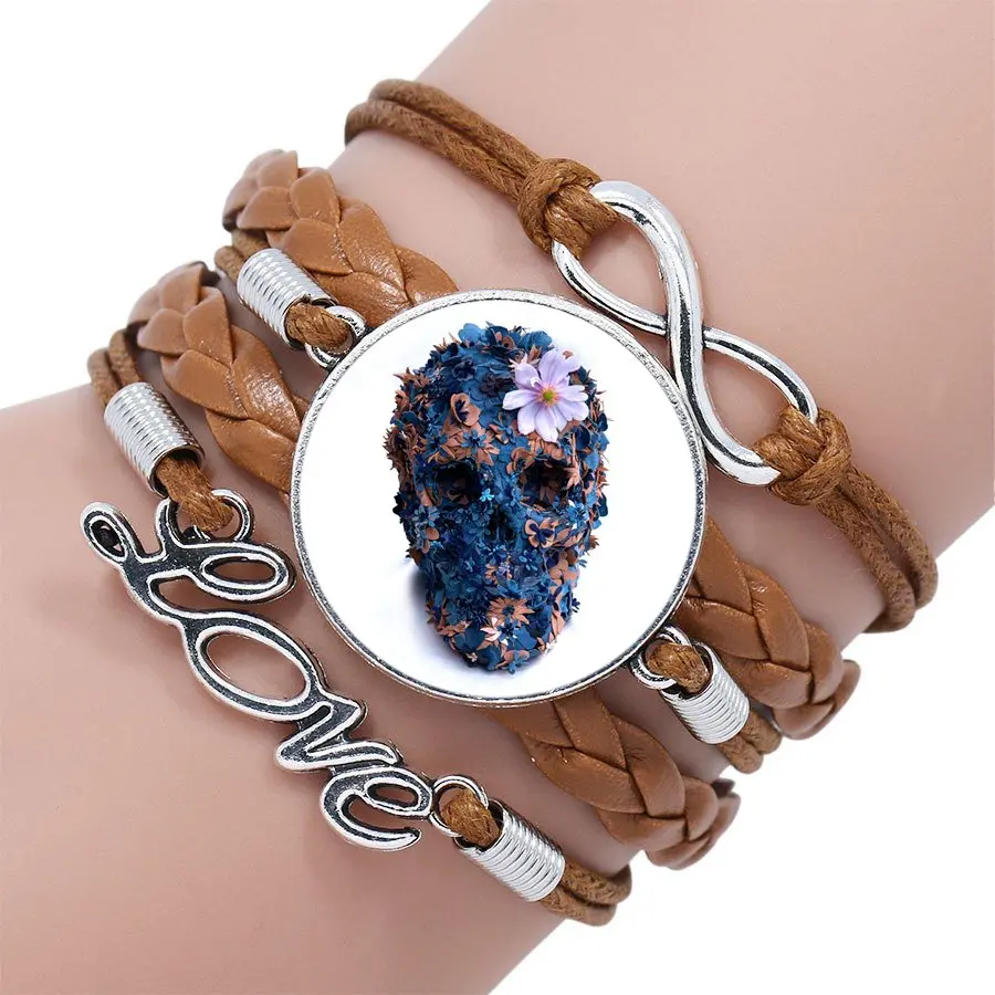 Женский Многослойный кожаный браслет со вставками стекла кабошон винтажный