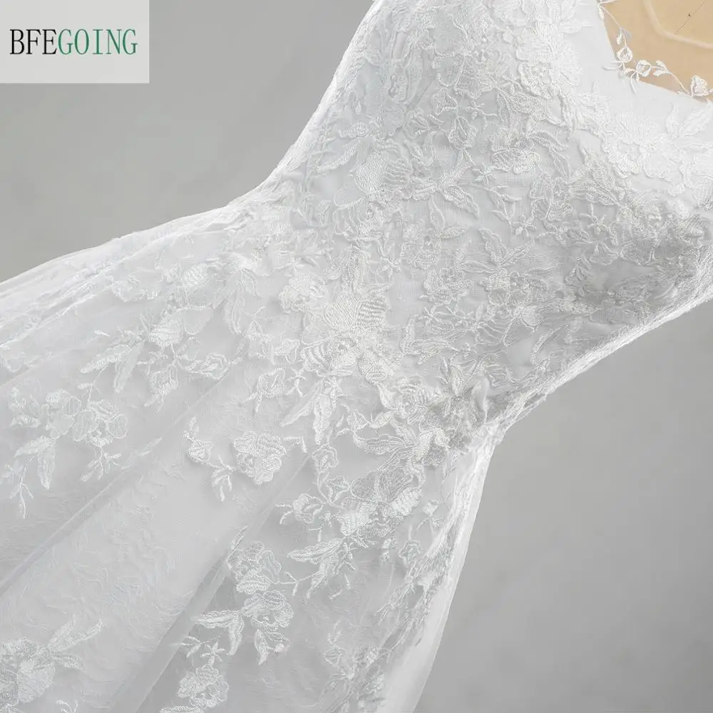 Белое Кружевное Тюлевое атласное платье с V образным вырезом и рукавами