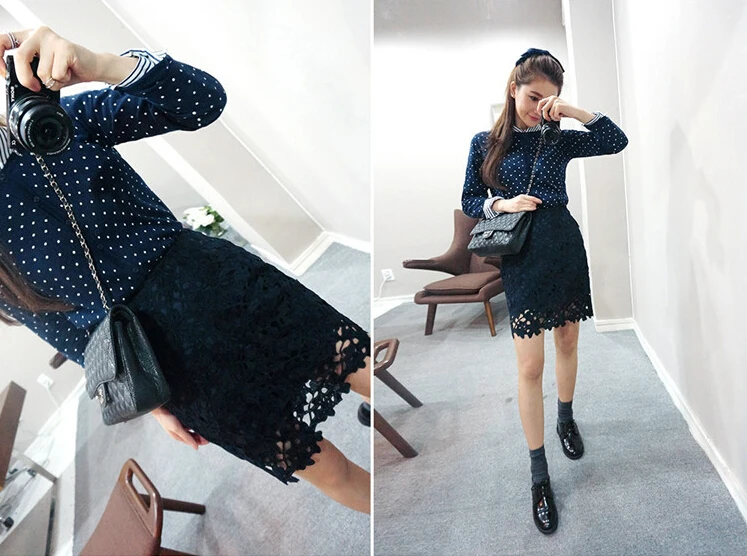 Осень 2018 однотонные кружевные юбки Женская винтажная юбка с высокой талией