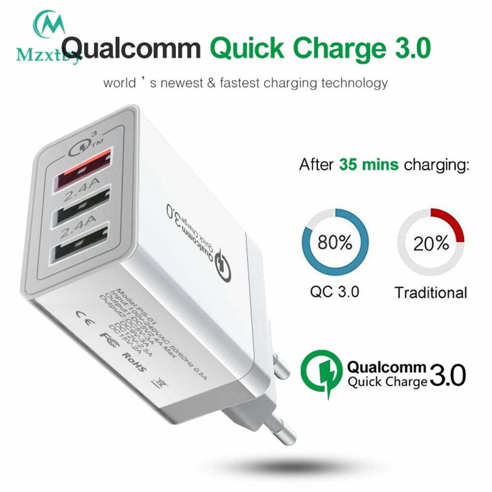 QC3.0 18 Вт 3 USB быстрая зарядка 5V3A UK EU US вилка Быстрая для Iphone Samsung Huawei Xiaomi Mi Ipad Vivo Oppo