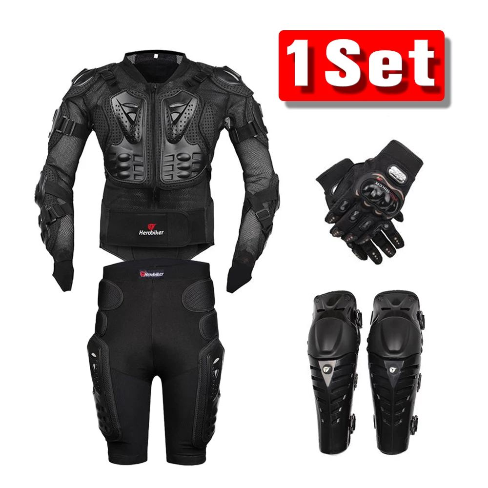 Black Set 3 HEROBIKER, летняя мотоциклетная куртка, мотоциклетная защита, мотоциклетная защита, мотоциклетная куртка для мотокросса с защитой шеи - Цвет: Black Set 3