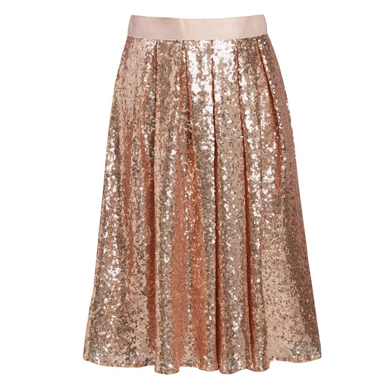 

Blingbling 2022 Rose Gold Midi Sequined Skirts For Women Shiny Knee Length Female Skirt For Party Custom Made Zipper Saia