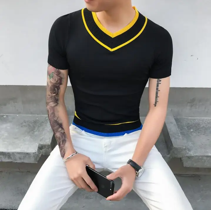 Мужская летняя футболка с коротким рукавом и v-образным вырезом облегающая