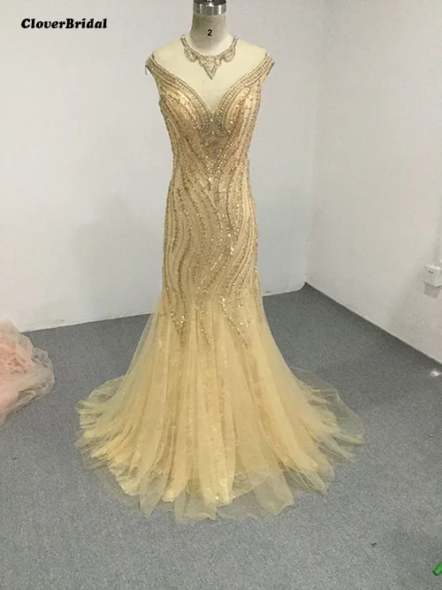 gold CloverBridal шикарное блестящее Золотое Платье русалки с бусинами, импортное праздничное платье с кружевом+ фатиновая Иллюзия сзади - Цвет: gold