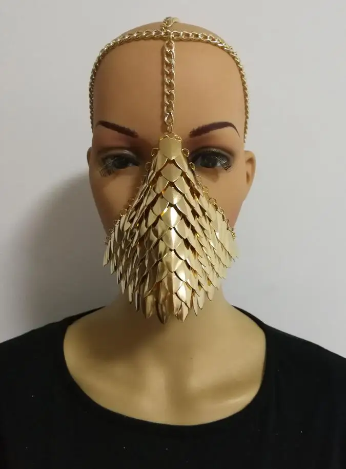Gold colour Новое поступление, B741, Женская Сексуальная Серебряная маска в форме рыбьей чешуи, цепочка на голову, ювелирное изделие, уникальный дизайн, слои в виде рыбьей чешуи, маска на лицо, цепочки, ювелирные изделия - Окраска металла: Gold colour