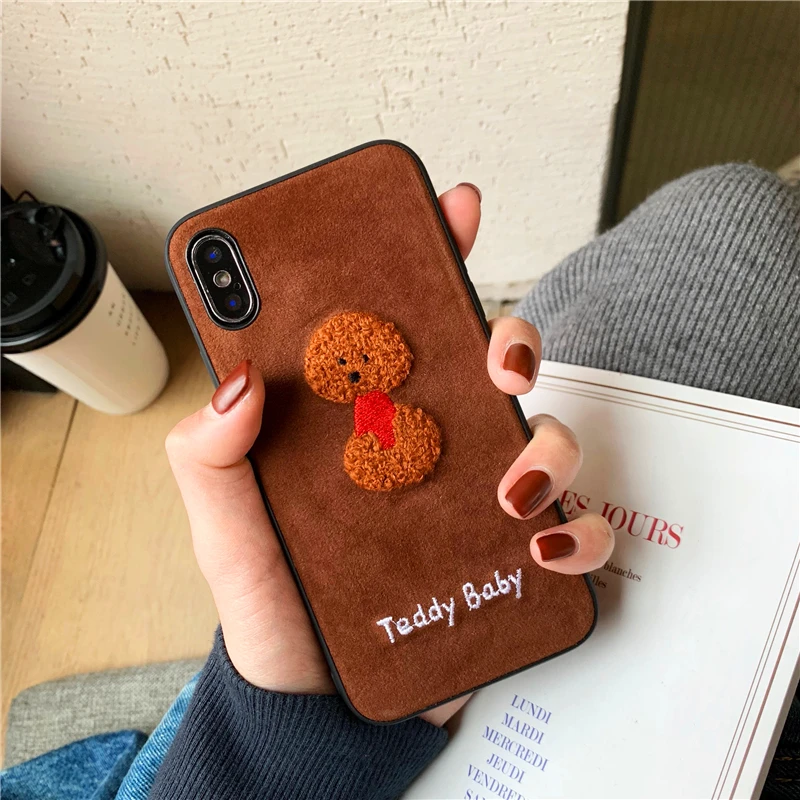 brownish red embroidery leather 3D Cute cartoon toy poodle phone Case For Apple iphone 6 6s 7 8 Plus X XS XR MAX |