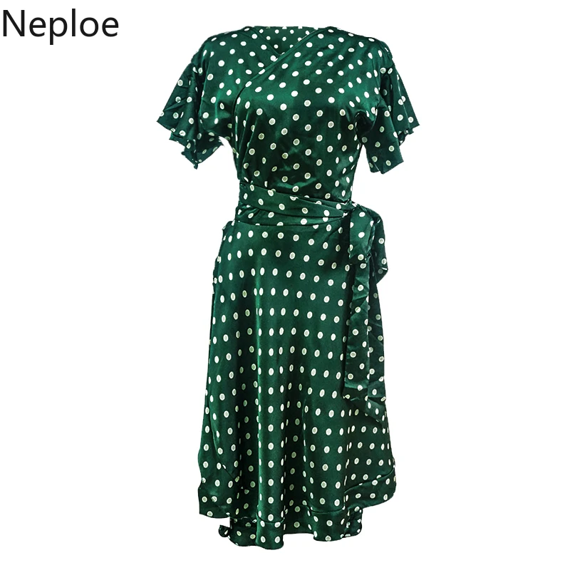 Neploe Polka Dot Retro Dress Women Summer 2019 V-Neck Three Quarter Sleeve Robe Irregular Ruffles Female Vestidos 44906 | Женская одежда