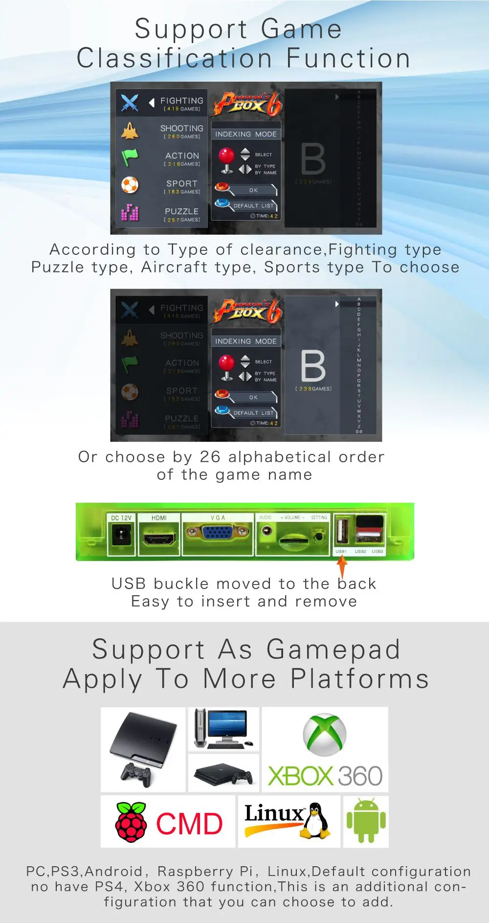 Pandoras Box 6 1300 аркадная консоль, поддержка 3D игр, добавить больше игр, список любимых, алфавитный порядок, классификация игр