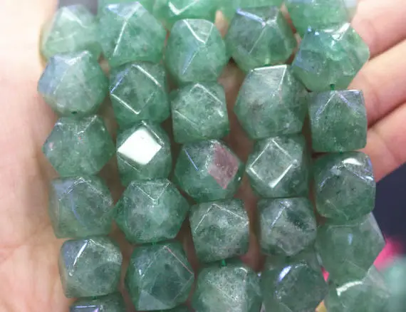 

Natural Faceted Green Strawberry Crystal Quartz Nugget Beads,15 inches per strand