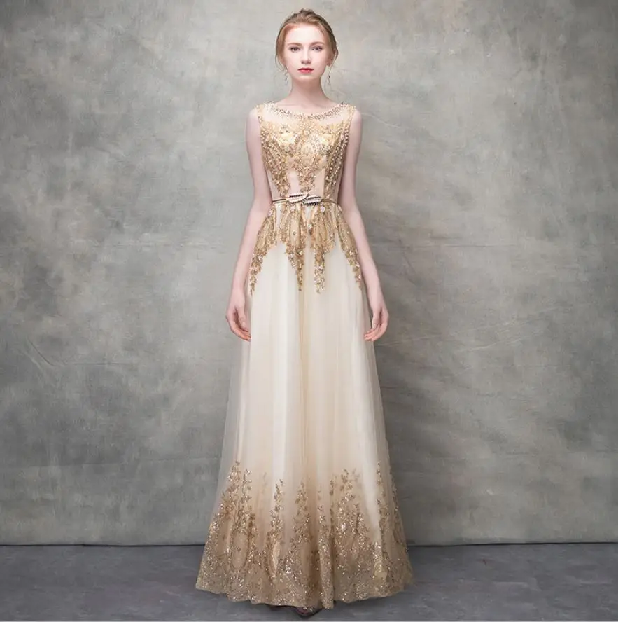 champagne gold Vestido boda mujer invitada Черпак шеи Кружева блёстки цвета шампанского золото платье подружки невесты длинное vestido madrinha размера плюс - Цвет: champagne gold