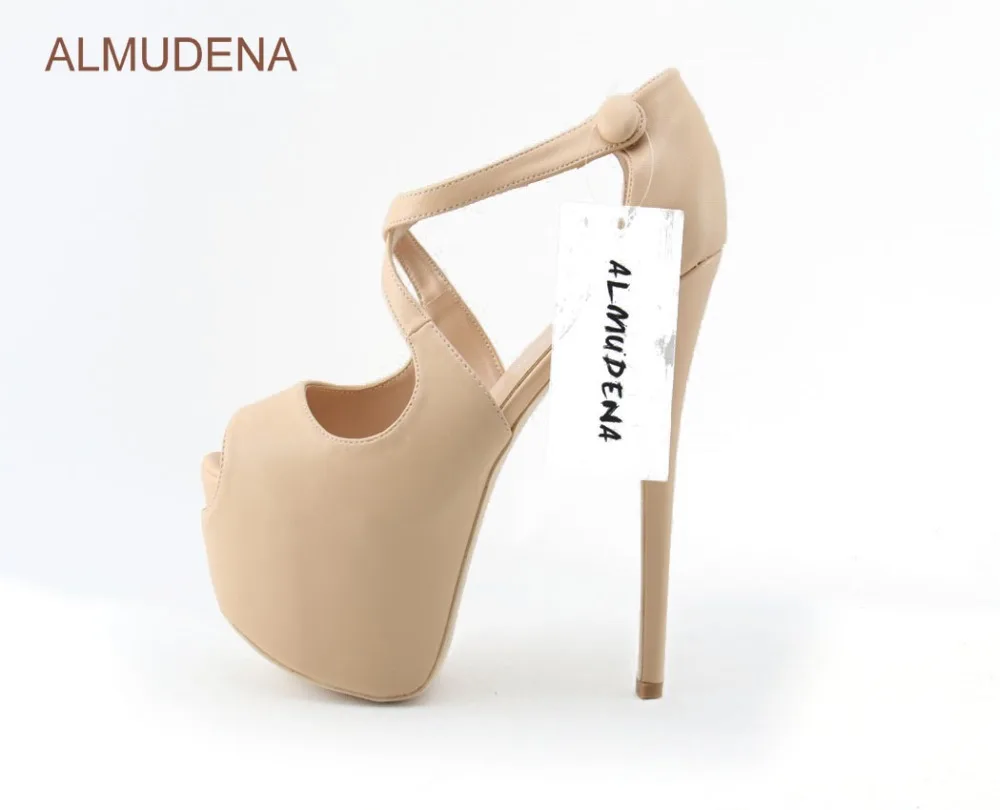 ALMUDENA/Классические Стильные туфли телесного и черного цвета на очень высоком каблуке; обувь для торжеств на платформе; туфли-лодочки на шпильке 16 см с перекрестными ремешками и шипами