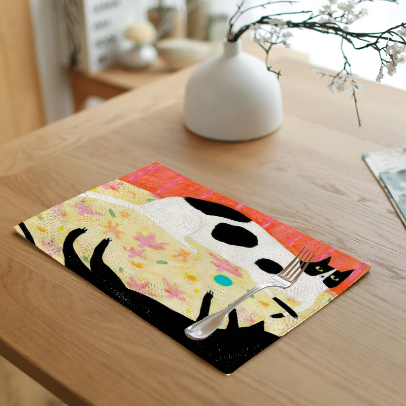 Льняная салфетка с принтом кошки 32*42 см цветочный горшок узор кофейня Декор