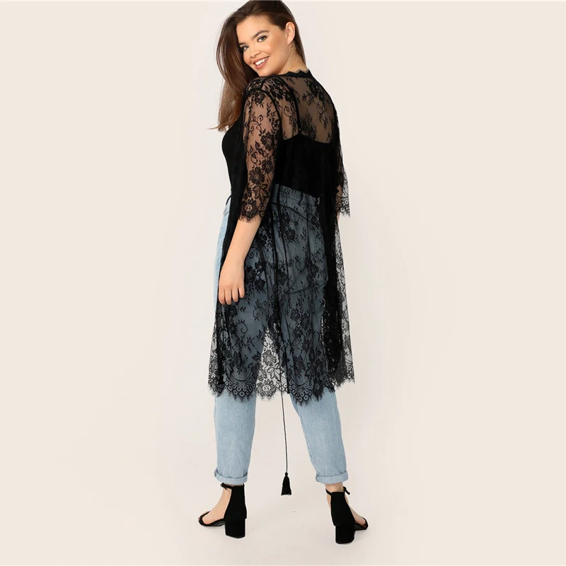SHEIN Размер Плюс Прозрачное Кимоно С Кружевом И Бахромой Плюс Размера Кимоно С Бахромой Женские Летние Бохо Кимоно