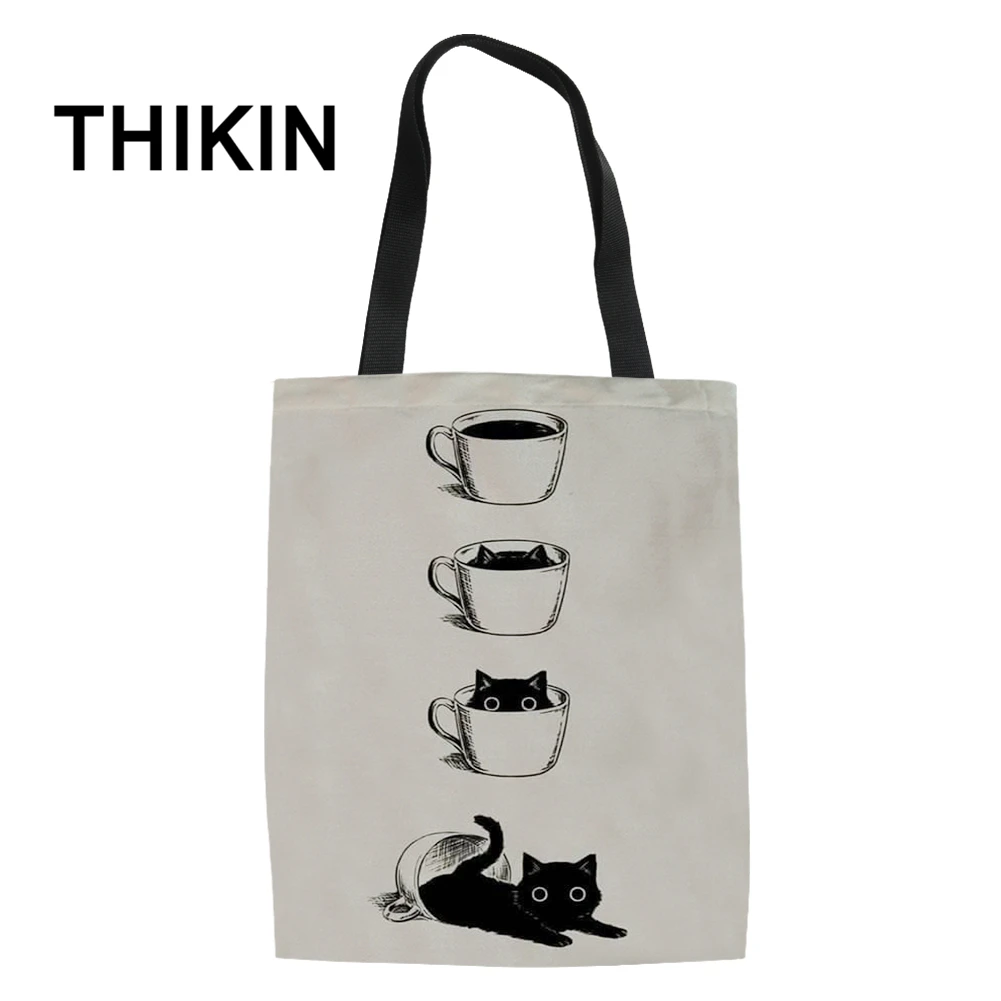 As Picture THIKIN Tote Женская Повседневная сумка с милым мультяшным цветком котом большая Холщовая Сумка на плечо Студенческая посылка для хранения книг складная сумка для покупок - Цвет: As Picture
