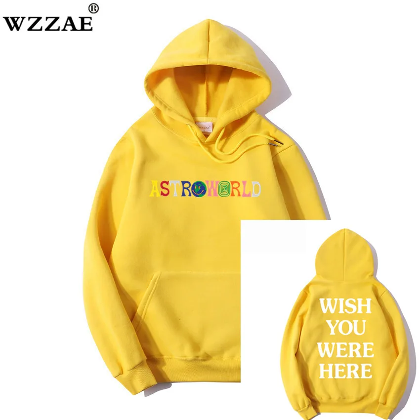 Yellow Трэвиса Скотта Astroworld WISH YOU WAS HERE вышитые радужные буквы для мужчин и женщин пуловер с капюшоном модная Толстовка в стиле хип-хоп - Цвет: Yellow