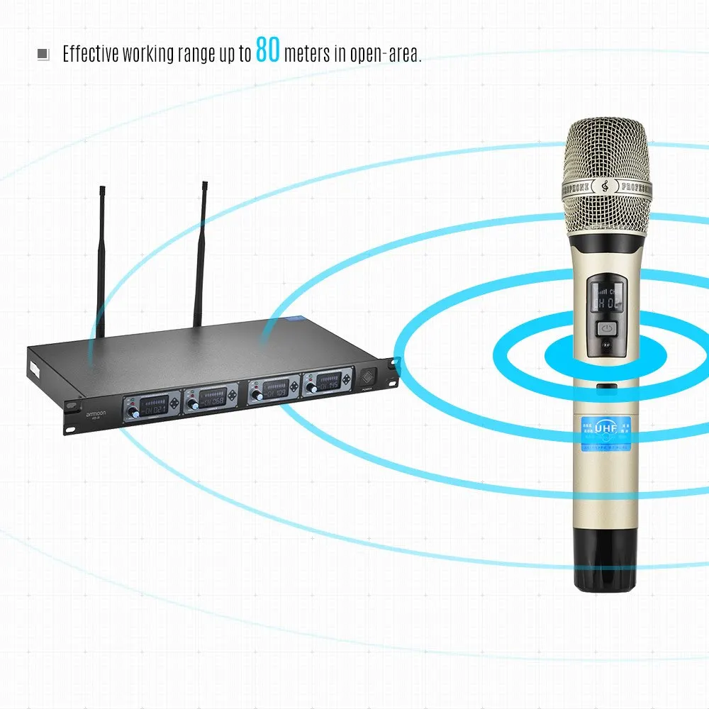 ammoon 4D-B Professional 4 Channel UHF Wireless Handheld Microphone System Microphones 1 Receiver | Спорт и развлечения