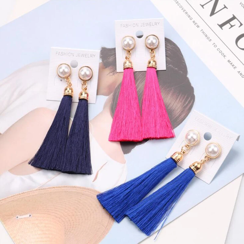 Богемные винтажные этнические длинные Tasse жемчужная заколка на серьги женские брендовые ювелирные изделия без отверстий тканевые серьги этнические ювелирные изделия