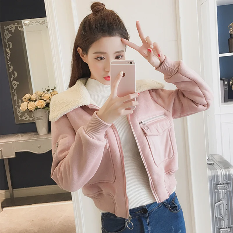 Женская короткая куртка из овечьей шерсти теплая бархатная Толстая