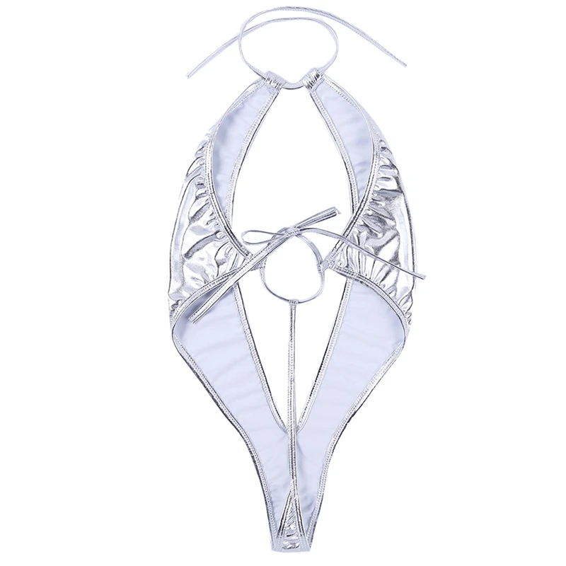 Женский слитный купальник из лакированной кожи глубокий v образный вырез