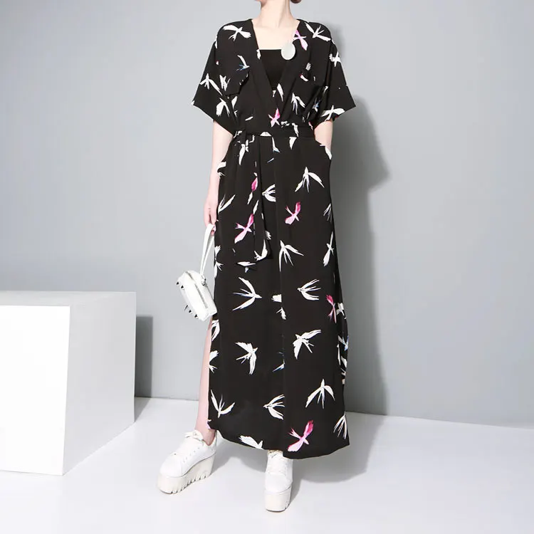 ARANSUE Summer 2019 Kimono dresses Retro Japanese Style and Small Swallow V collar Long Dress chiffon robe | Женская одежда