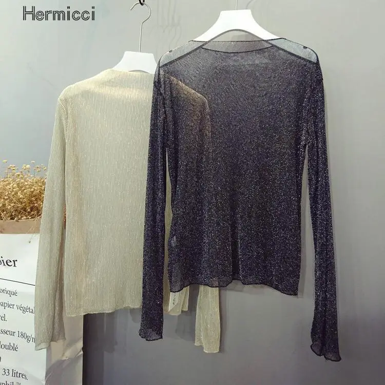 Женская Сетчатая футболка с длинными рукавами летняя прозрачная блестящая