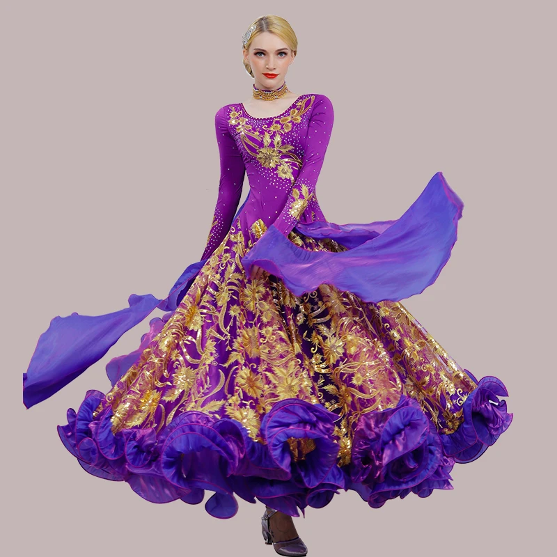 

Luxurious Women'S Ballroom Dance Competition Dresses Embroidered Sequins Ladies Standard Waltz Tango Big Swing Skirt DL3012