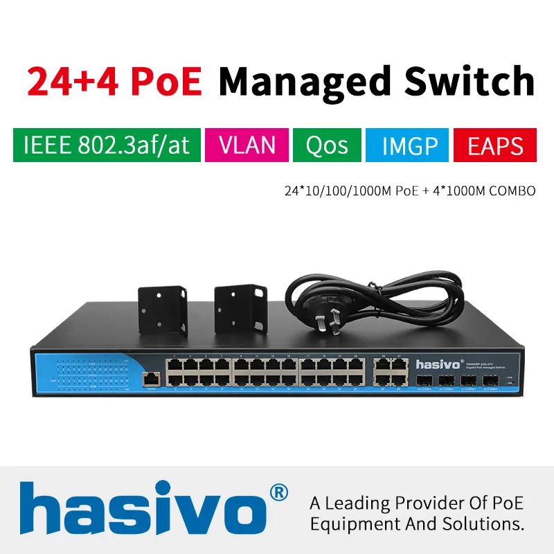 Управляемый коммутатор Ethernet с 24 портами 400 Вт 10/100/1000 м Rj45 Poe 4 порта SFP