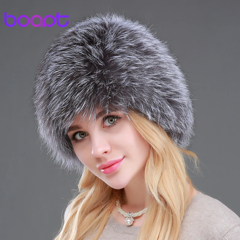 [boapt] высокая качественный женщины зима головные уборы подлинный лиса мех вязаный
