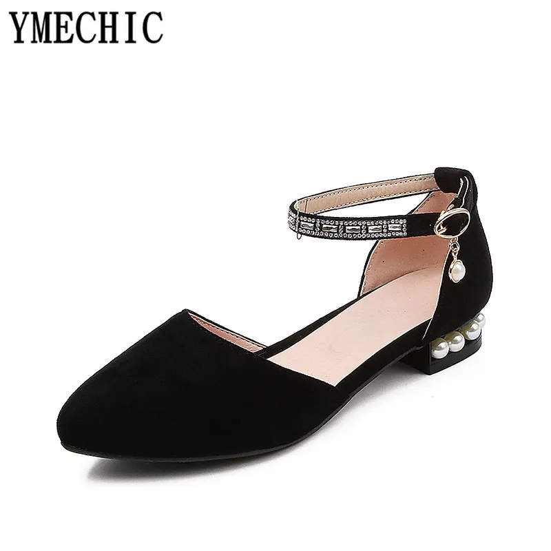 Черный YMECHIC/ г.; летние женские босоножки с острым носком и ремешком на щиколотке со стразами; недорогая женская обувь из флока; большие размеры 34-43 - Цвет: Черный